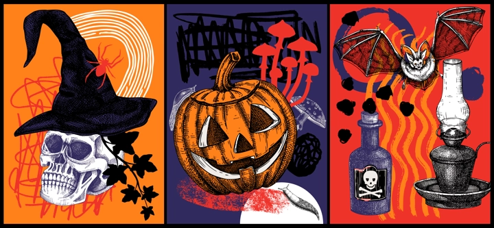 Halloween poster set. Hand drawn vector illustration. Skulls, bones, pumpkin, poisonous mushrooms, snakes, raven, witch hat sketches. Autumn holiday design. Trendy Halloween party collage 